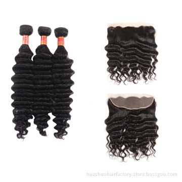Indian Loose Deep Wave Hair Weave Bundles Raw Indian Temple Virgin Human Hair With 13*4 Frontal